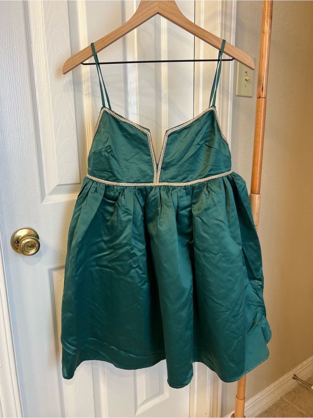 Band of Stars Emerald Green Spaghetti Strap Satin Dress with Rhinestone Trim